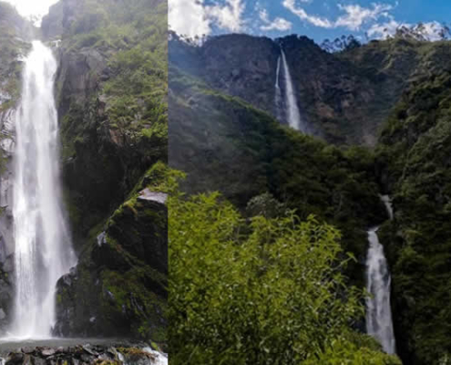 Cascada Wayra Phauchinta bei Sandia: Doppelter Wasserfall im grünen Osten von Puno Cascada Wayra Phauchinta bei Sandia: Doppelter Wasserfall im grünen Osten von Puno